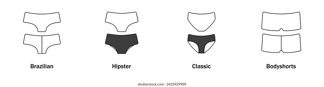Women panties vector. A set of different women panties. A collection of types of women underwear. The concept of underwear for women.