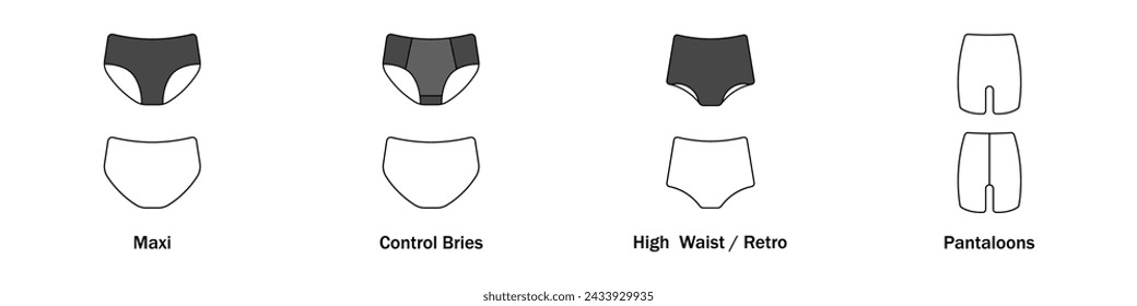 Women panties vector. A set of different women panties. A collection of types of women underwear. The concept of underwear for women.