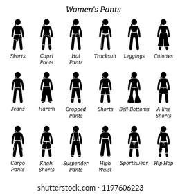 Women pants, trousers, and shorts. Stick figures depict a set of different bottoms, pants, trousers, and shorts. This fashion clothing designs are wear by woman, females, ladies, and girls.