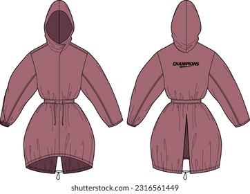 Women Parachute Anorak Hoodie jacket design flat sketch illustration, Raincoat Hooded jacket with front and back view, windcheater winter jacket for girl and women. for hiking and workout in winter.
