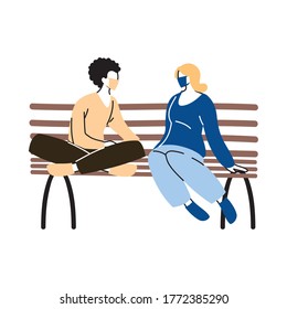 women in park sitting with mask on vector illustration desing