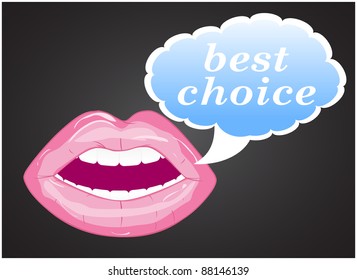 Women parted lips with cloud for the label placed on black background