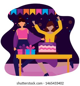 women party cake gifts birthday celebration vector illustration