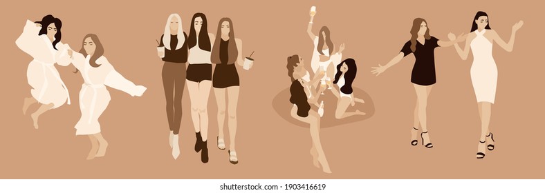 Women Party Vector Illustration Set. Group Of Girls Walking, Dancing, Drinking Champagne Jumping On The Bed In Wardrobes And Cocktail Dresses. Ladies Celebrate Their Feast Birthday Holiday Girl Power 