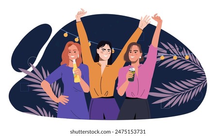 Mujeres en la fiesta. Chicas jóvenes con champán en las manos bailan en el club nocturno. Vida nocturna, ocio y eventos. Personas en la discoteca. Ilustración vectorial plana de dibujos animados aislada sobre fondo blanco