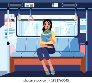 women passenger alone in the train, sitting while reading book beside the window flat vector illustration. used for banner, landing page image and other