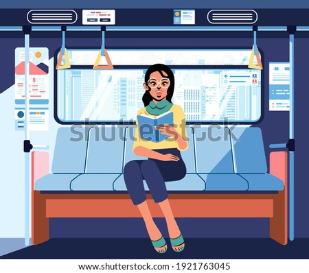 women passenger alone in the train, sitting while reading book beside the window flat vector illustration. used for banner, landing page image and other