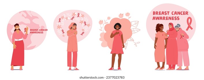 Women Passionately Promotes Breast Cancer Awareness. Female Characters Advocating For Early Detection, Empowering Others With Knowledge, And Inspiring Hope In The Fight Against This Disease, Vector