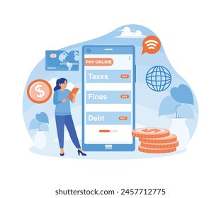 Women pay taxes and fines and pay their debts online. Using online banking applications. Online Payment concept. Flat vector illustration.