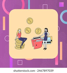 Women paying for purchases by cash or credit cards. Money, wallet, coins, credit cards flat vector illustration. Payment, finance, shopping concept for banner, website design or landing web page