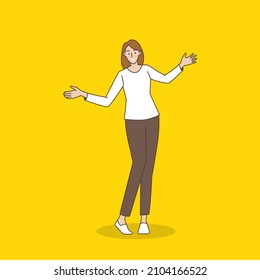 Women people with open hand holding something blank isolated. Hand draw style. Vector illustration.