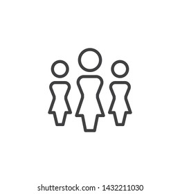 Women People, Team Line Icon. Three Woman, Leadership Linear Style Sign For Mobile Concept And Web Design. Crowd Of Female People Outline Vector Icon. Symbol, Logo Illustration. Vector Graphics