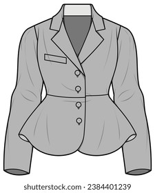 Mujeres Peplum Blazer Coat Moda Esbozo plano Vector Ilustración, CAD, Dibujo Técnico, Plano Plano, Plantilla, Trampolín