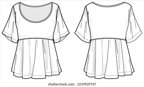 Mujeres Dibujo plano de diseño superior de blusa Peplum ilustración de moda con plantilla vectorial de vista frontal y posterior