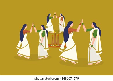 Women Perform Thiruvathira Dance. Concept For Onam Festival In Kerala, India.