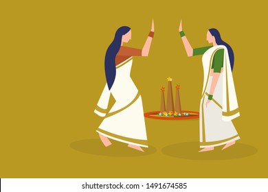 Women Perform Thiruvathira Dance. Concept For Onam Festival In Kerala, India.