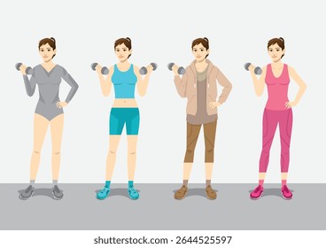 Women Performing Exercises with Dumbbells in Various Outfits