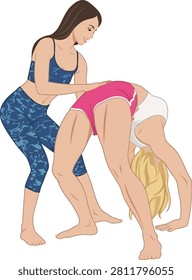 Women Performing Partner Stretching Exercise, Personal Trainer Fitness Vector Illustration