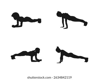 Women Performing Plank Exercise Silhouettes. Yoga silhouette vector. vector isolated on a white background.