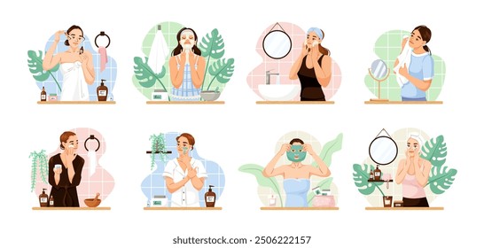 Women performing skincare routines in different settings. Vector illustration