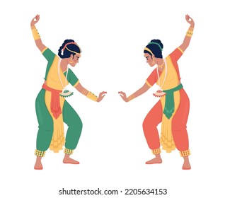 Women Performing Spiritual Dance On Diwali Semi Flat Color Vector Characters. Editable Figures. Full Body People On White. Simple Cartoon Style Illustration For Web Graphic Design And Animation