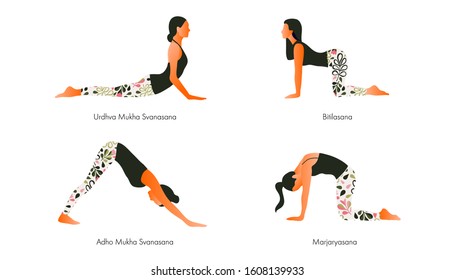 Women performing yoga asanas. Upward and Downward facing dog. Cat and Cow poses. Flat cartoon vector illustration isolated on white background. 