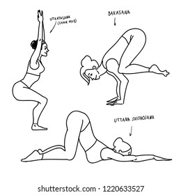 Women performing yoga poses isolated on background. Hand drawn flat vector illustration for fashion, cards, information. Standing forward bend, downward facing dog.