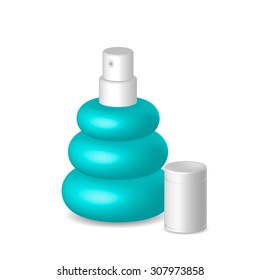 Women perfume in blue bottle with cap, container, illustration, vector, isolated on white background