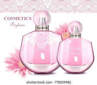 Women perfume bottle with delicate flowers fragrance. Realistic Vector Product packaging designs