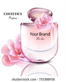 Women perfume bottle with lily fragrance. Realistic Vector Product packaging design