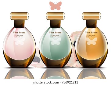 Women perfume bottles set collection. Realistic Vector Product packaging design