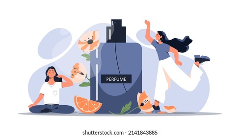 Women with perfume. Young girls buy cosmetics, pleasant flower fragrance. Advertising poster or banner. Spring season and nature. Person standing near spray flask. Cartoon flat vector illustration
