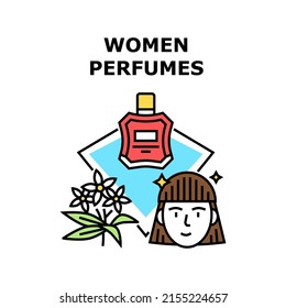 Women Perfumes Vector Icon Concept. Women Perfumes Bottle Packaging, Female Spraying Toiletries Product Prepared From Natural Herbal Ingredient And Blossom Flower. Color Illustration