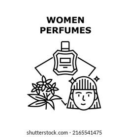 Women Perfumes Vector Icon Concept. Women Perfumes Bottle Packaging, Female Spraying Toiletries Product Prepared From Natural Herbal Ingredient And Blossom Flower. Black Illustration