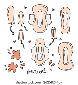 Women period doodle elements set in flat style. Tampons and pads gynecological hygiene products. Hand drawn vector isolated illustration.


