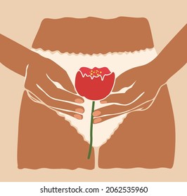 Women period vector illustration. Woman in panties holding a flower. The concept of menstruation and women's health