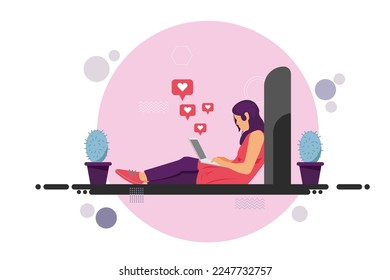 women person working with laptop. girl people sitting on floor send mini heart workplace, pink circle background, flat style. vector  illustration for infographics, web banner, mobile, present.