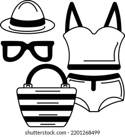 Women Personal belongings for Island Trip Concept, Girly Things for Beach Vector Icon Design, Travel and Tourism Symbol, Holiday and Vacation Sign, Discovery and exploration Stock illustration,