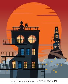 women and pet on a rooftop vector illustration 