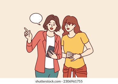 Women with phone walk around city and use navigation application to find right place in city. Traveler girl asks question to passer-by with smartphone to find way in hotel or railway station