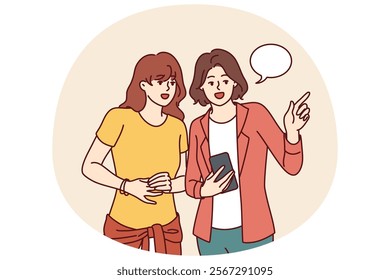 Women with phone walk around city and use navigation application to find right place in city. Traveler girl asks question to passer-by with smartphone to find way in hotel or railway station