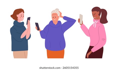 Women with phones. Women of different ages with different emotions use cell phones, surfing internet, chatting. Characters with smartphones in hands. Flat vector illustration on white background