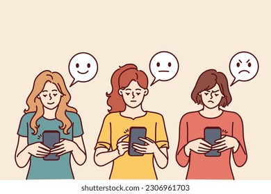 Women with phones near emoji with different facial expressions for internet feedback concept. Girls with smartphones leave positive or negative feedback in mobile application or company website