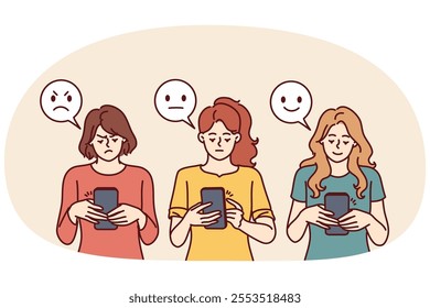 Women with phones near emoji with different facial expressions for internet feedback concept. Girls with smartphones leave positive or negative feedback in mobile application or company website