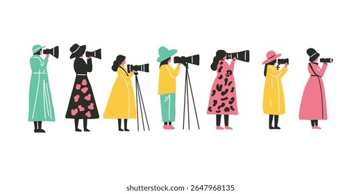 mulheres fotógrafas em uma ilustração de vetor de caminhada