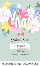 Women phrase with flowers on a background. Festive poster for International Women's Day. Vector illustration.