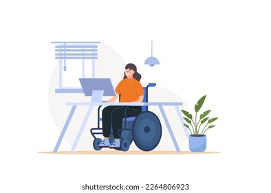 Women with physical disabilities or impairment working from home or office sitting in wheelchairs. Vector illustration for support, diversity, disability, lifestyle 