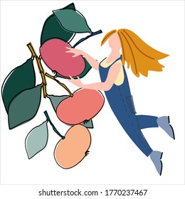 Women picking apples vector illustration. Harvesting concept. Agritourism concept. Pick-your-own concept. Fresh fruit concept. Vector illustration in abstract flat style