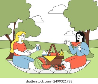 Women at picnic. Girls with food sit in lawn. Friends spending time together in nature. People with watermelon slices, banana and strawberries. Linear vector illustration isolated on white background