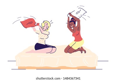 Women pillow fighting flat vector illustration. Two playful girls hitting each other with pillows, sitting on bed, sleepover party isolated cartoon characters with outline elements on white background